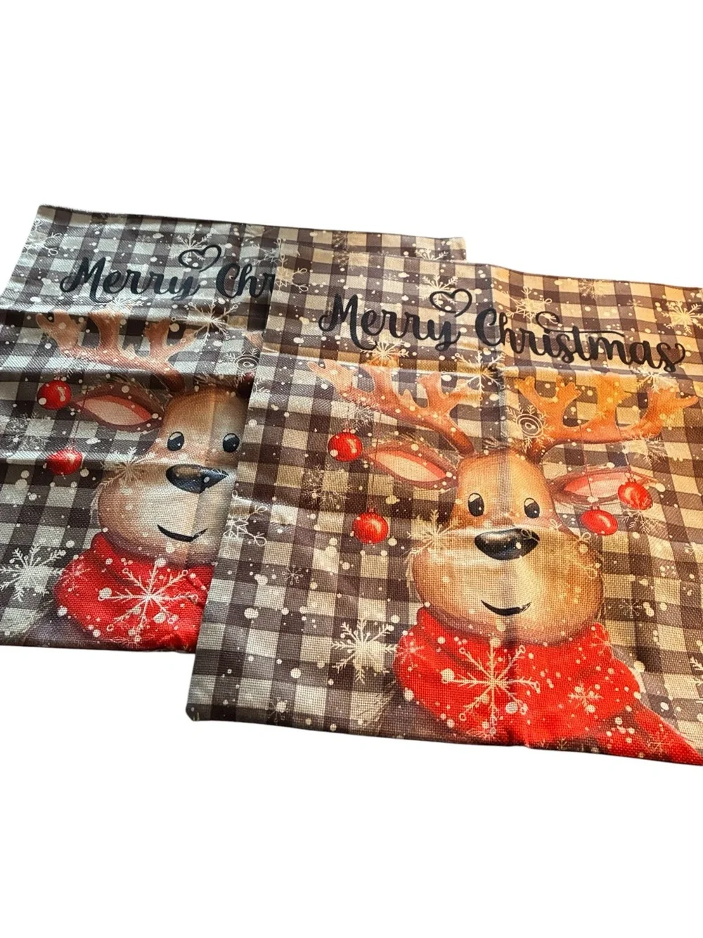 Festive Reindeer Christmas Pillow Covers Red/Brown set 2 17.5 x 17.5 doublesided